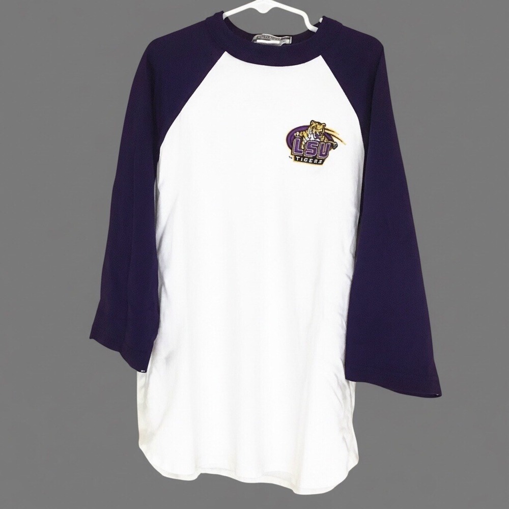 Antigua Sport LSU Tigers Raglan‎ Shirt Boys M White Purple Baseball